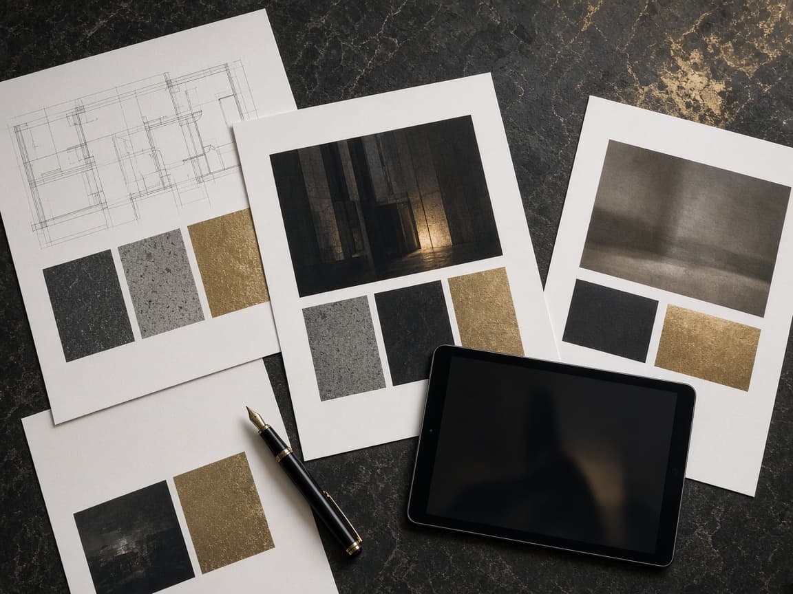 Printed pages and a tablet on a dark table