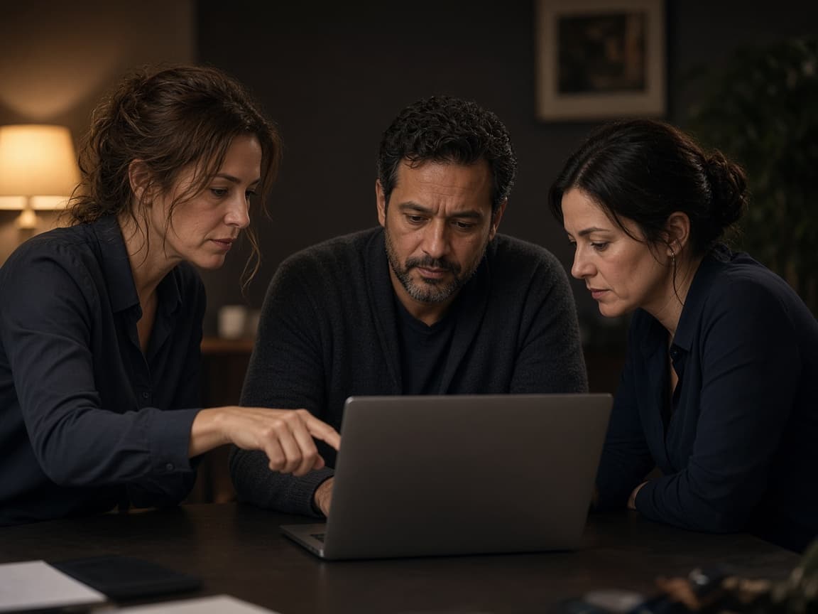 Three colleagues looking at a laptop together in a dim conference room