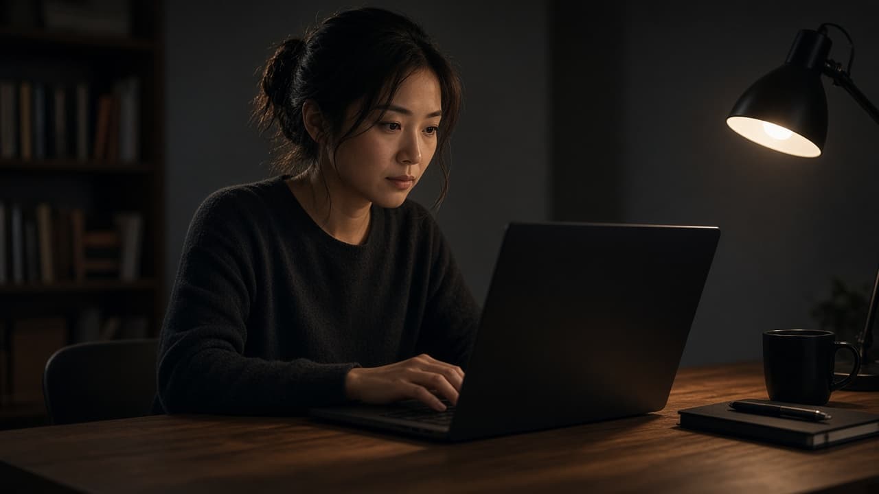 A person reviewing a document on a laptop at a desk at night