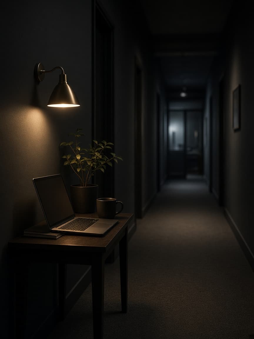 A quiet late-night office corridor with a laptop on a side table